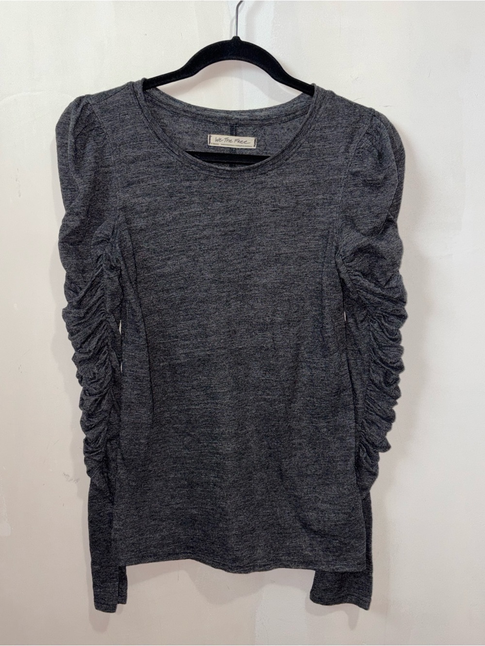 We The Free Charcoal Ruched Sleeve Long Sleeve Top